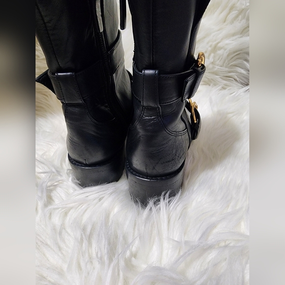 Stuart Weitzman Black Leather Ankle Boots with Gold Buckles - Picture 3 of 10